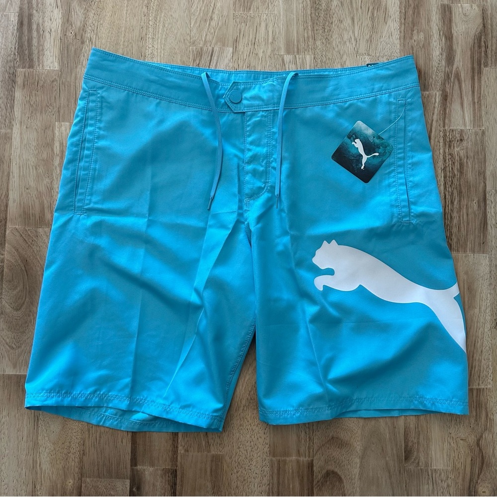 Puma 20” Board Shorts Regular Fit Water Repel Sky Blue Mens Swim Trunks Big Logo